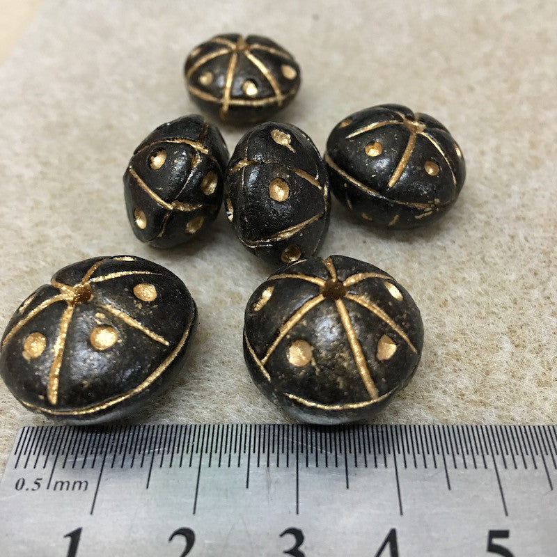 20x14mm Rondelle Clay (10) - Black w. Gold Dots - Vintage Clay Beads