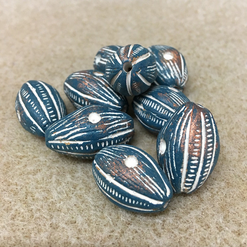 23.5x15.5mm Oval (10) - Blue w. Copper & White - Vintage Clay Beads