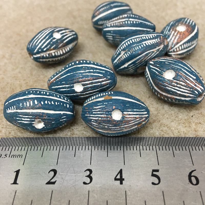 23.5x15.5mm Oval (10) - Blue w. Copper & White - Vintage Clay Beads