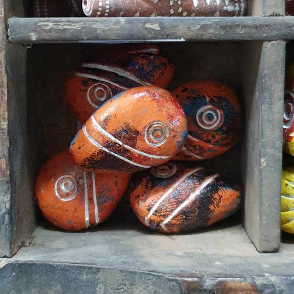 27mm Flat Teardrop (10) - Burnt Orange w. Blue & White - Vintage Clay Beads