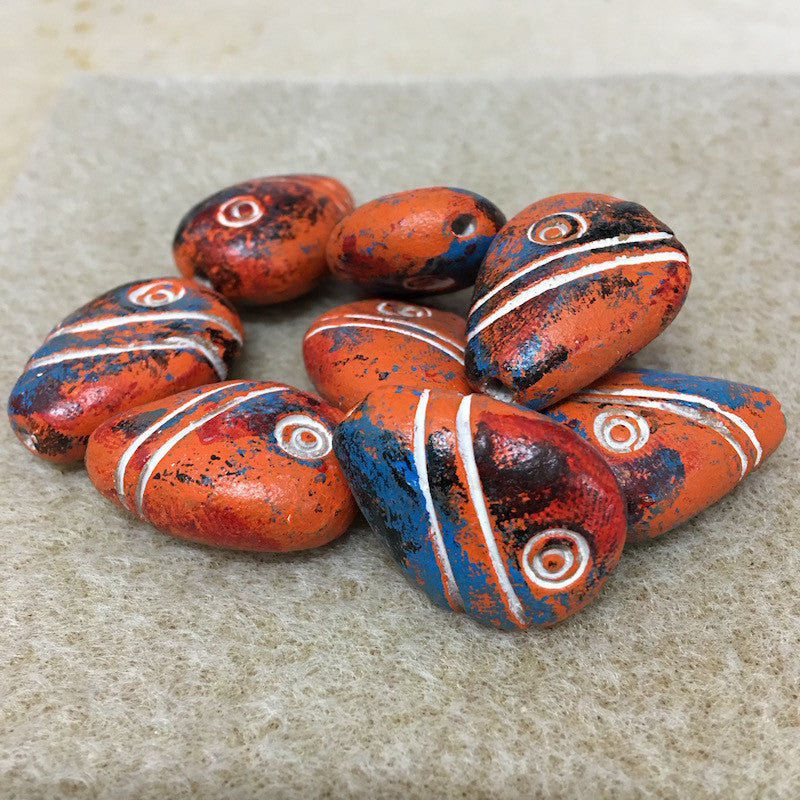 27mm Flat Teardrop (10) - Burnt Orange w. Blue & White - Vintage Clay Beads