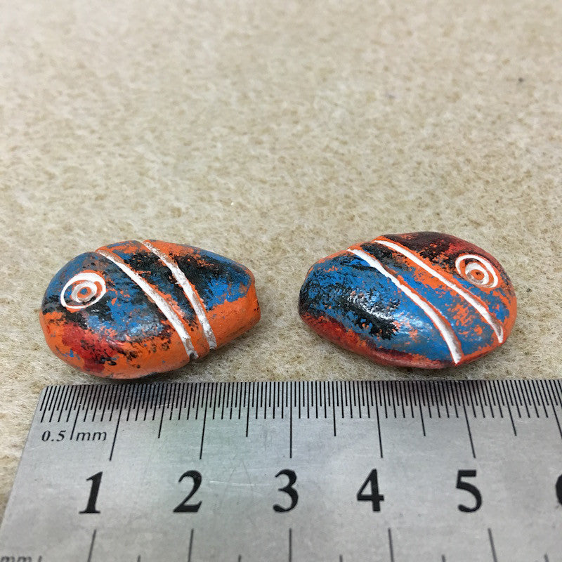 27mm Flat Teardrop (10) - Burnt Orange w. Blue & White - Vintage Clay Beads