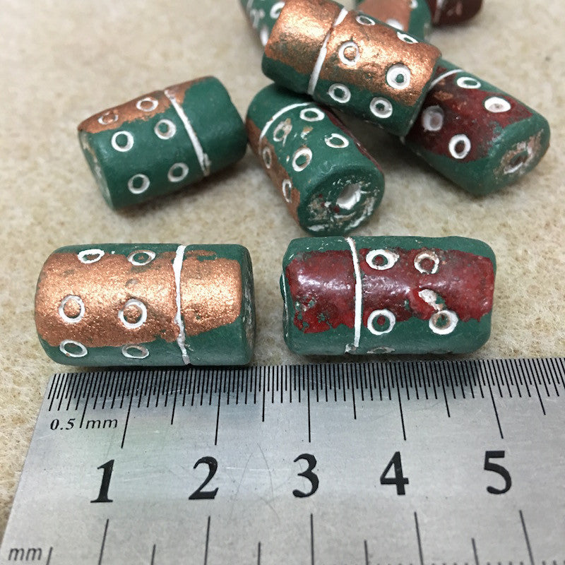 23x12mm Tube (10) - Green w. Copper & Russet - Vintage Clay Beads