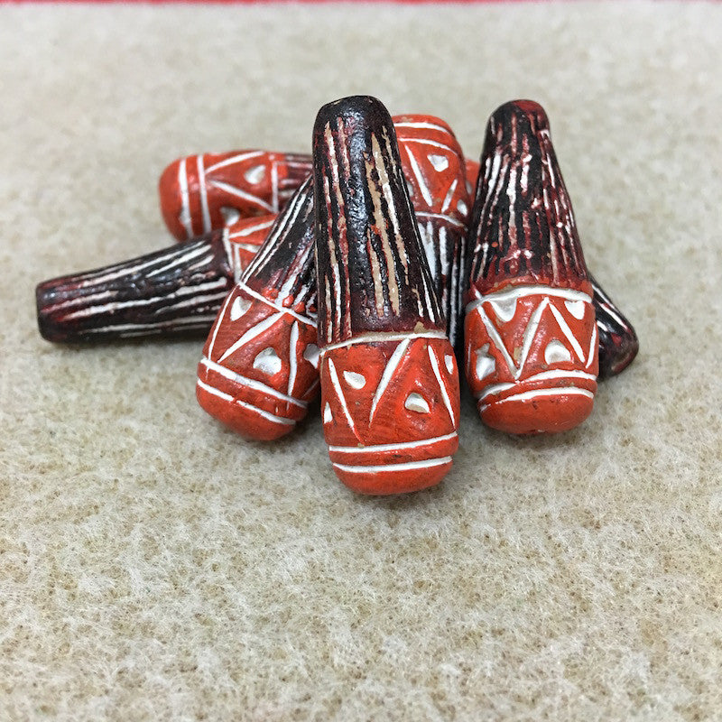 30mm Teardrop (10) - Red w. Black & White - Vintage Clay Beads
