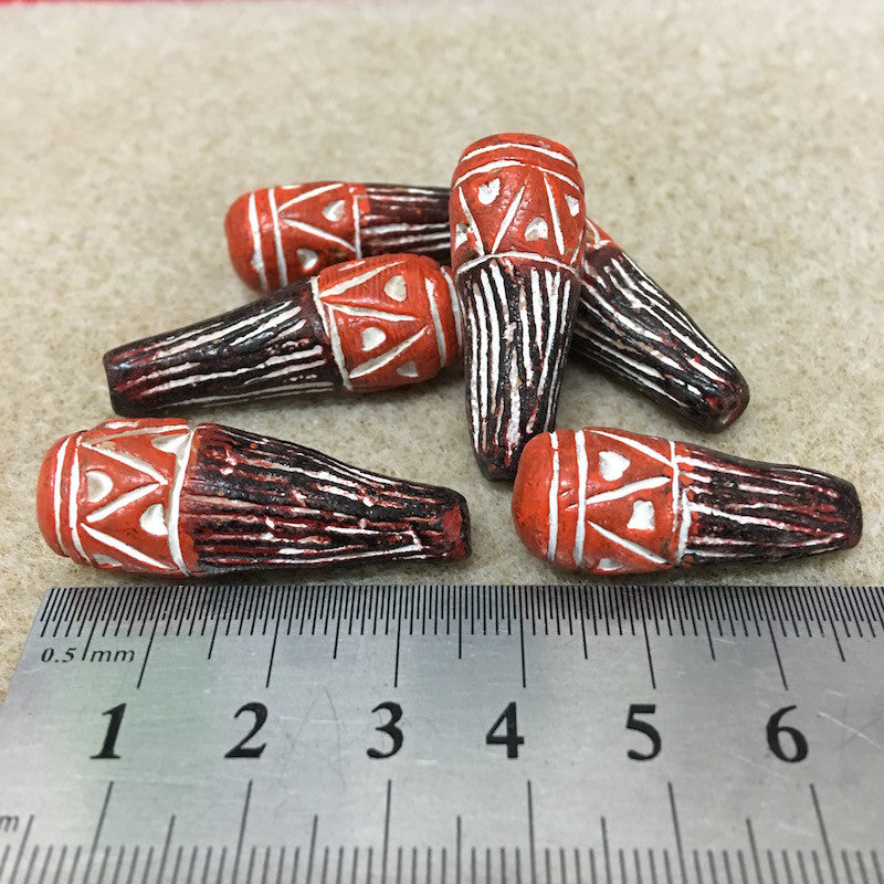 30mm Teardrop (10) - Red w. Black & White - Vintage Clay Beads