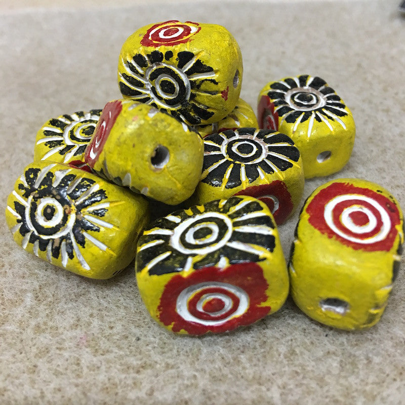 18x15mm Block (10) - Yellow w. Black, Red & White - Vintage Clay Beads