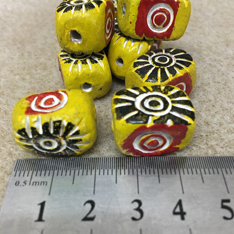 18x15mm Block (10) - Yellow w. Black, Red & White - Vintage Clay Beads
