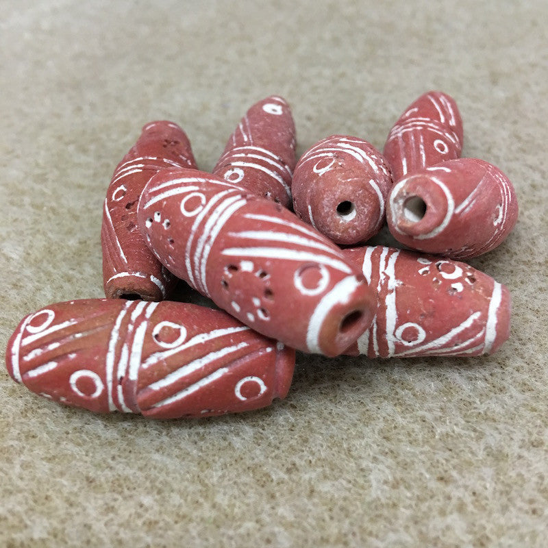 35x12mm Torpedo (10) - Red Terracotta w. White - Vintage Clay Beads