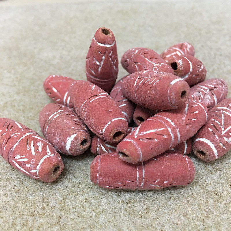 30mm Torpedo (10) - Red Terracotta w. White - Vintage Clay Beads - Bead Shack