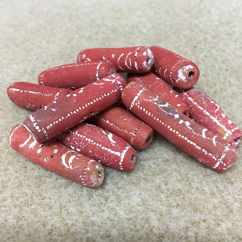 30x8mm Tube (10) - Red Terracotta w. White - Vintage Clay Beads
