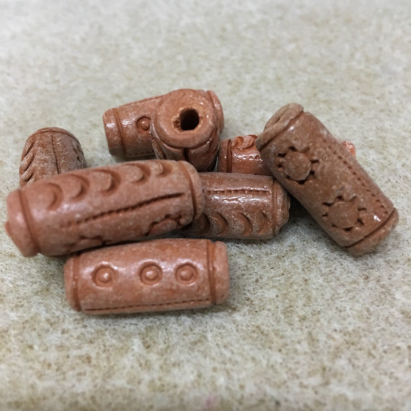 20mm Tube (10) - Terracotta - Dots & 2 Suns - Vintage Clay Beads