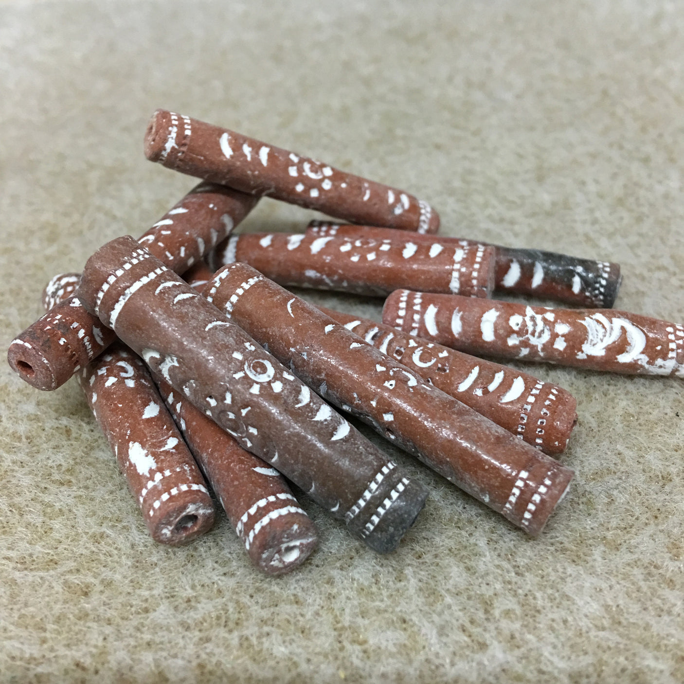 30~35mm Tube (10) - Brown w. White Etching - Vintage Clay Beads