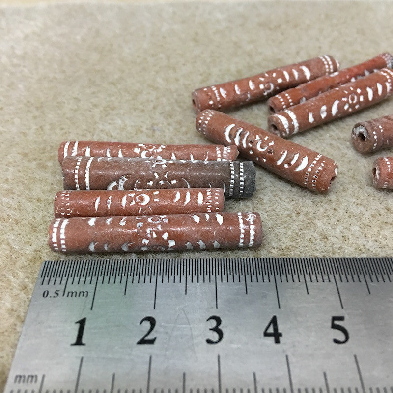 30~35mm Tube (10) - Brown w. White Etching - Vintage Clay Beads