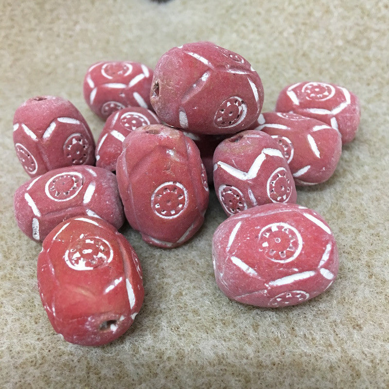 28x13mm Barrel (10) - Red Terracotta w. White - Vintage Clay Beads