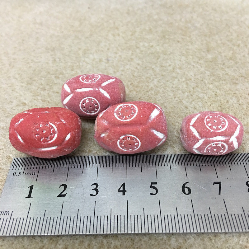 28x13mm Barrel (10) - Red Terracotta w. White - Vintage Clay Beads