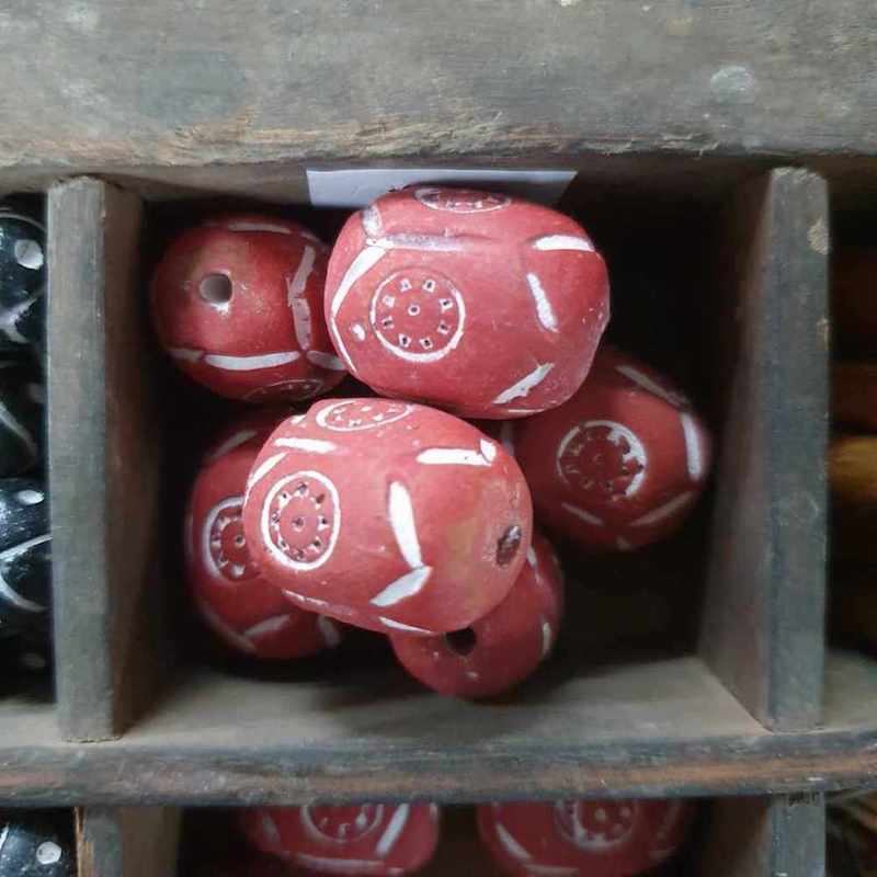 28x13mm Barrel (10) - Red Terracotta w. White - Vintage Clay Beads