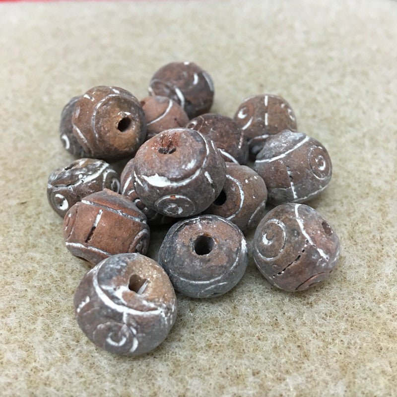 12~15mm Round Beads (10) - Brown w. Spirals - Vintage Clay Beads