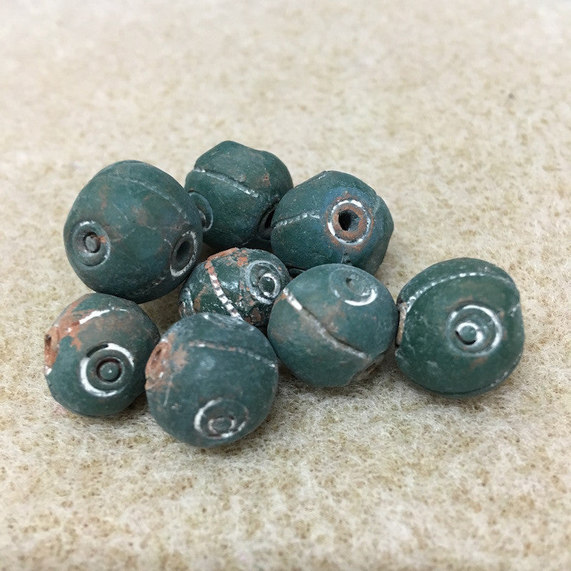 12~15mm Round Beads (10) - Green w. Spirals - Vintage Clay Beads