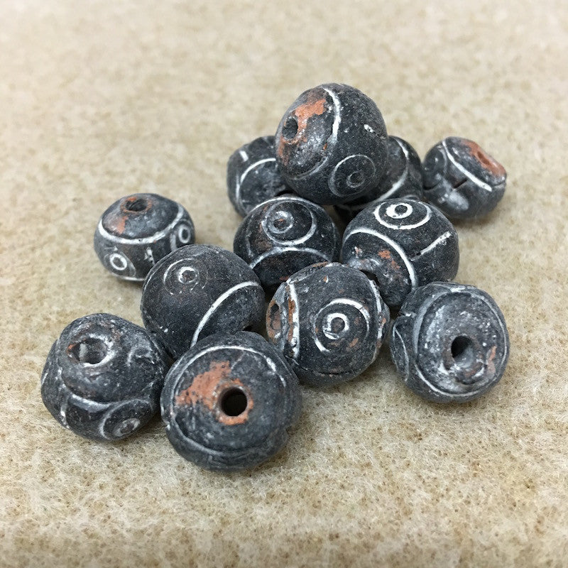 12~15mm Round Beads (10) - Black w. Spirals - Vintage Clay Beads