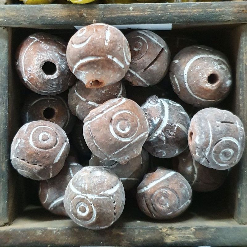12~15mm Round Beads (10) - Brown w. Spirals - Vintage Clay Beads