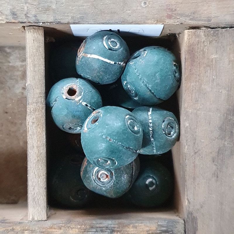 12~15mm Round Beads (10) - Green w. Spirals - Vintage Clay Beads