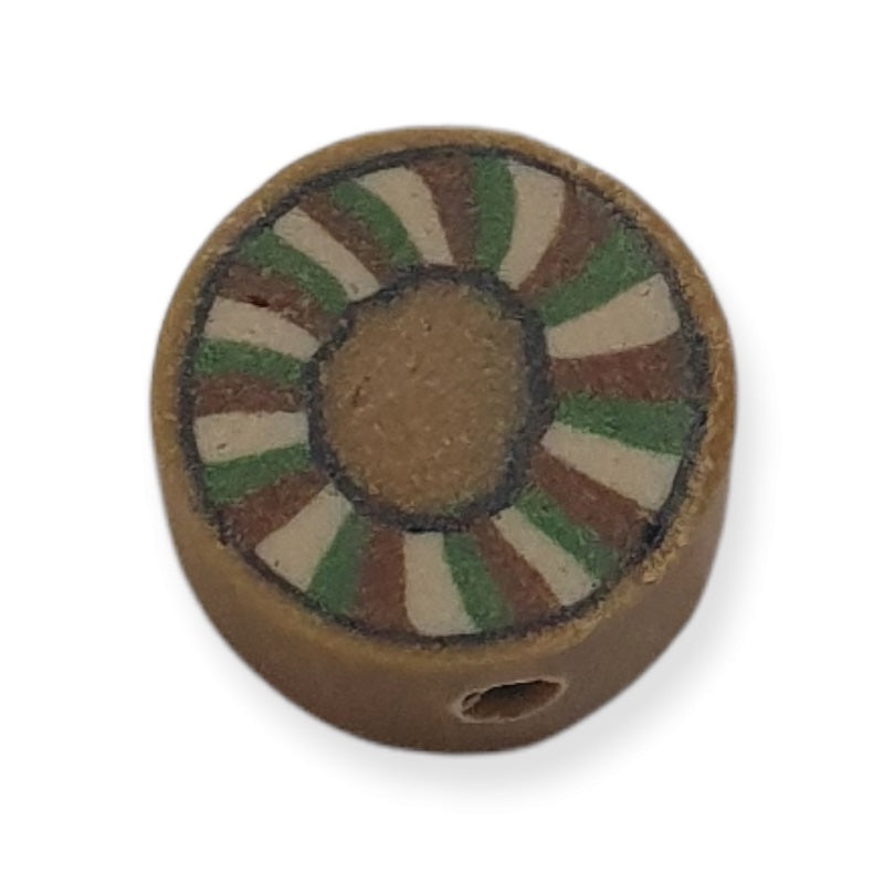 12mm Coin Fimo Beads (10) - Brown Green & White on Brown Background