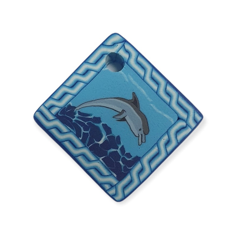 22mm Square Fimo Pendant (1) - Dolphin Diving