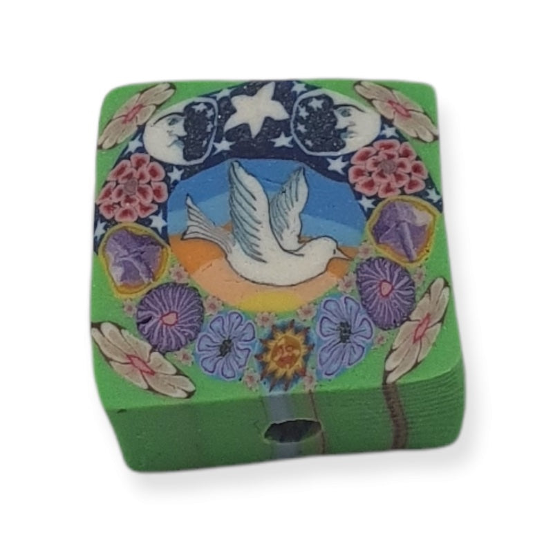 10mm Square Fimo Beads (10) - Dove w. Moon & Flowers