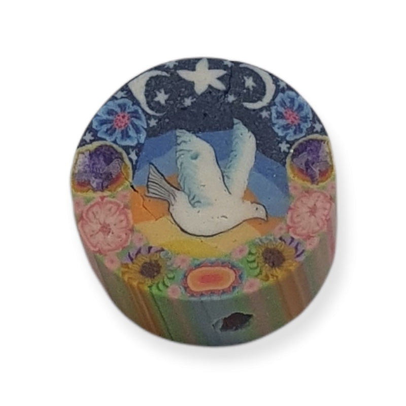 12mm Coin Fimo Beads (10) - Dove w. Moon & Flowers