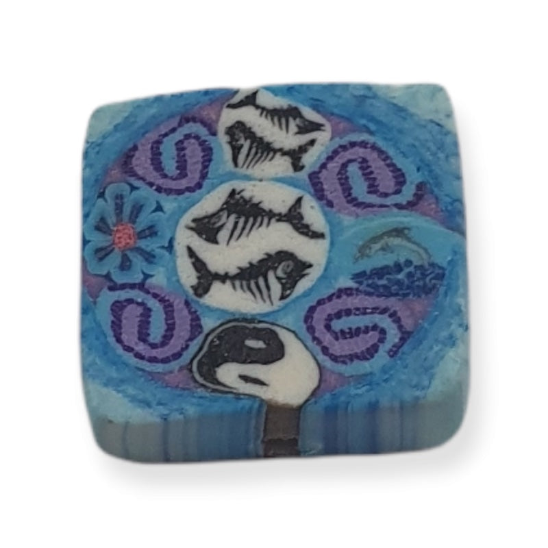 10mm Square Fimo Beads (10) - Fish Bones w. Yin/Yang, Dolphin & Spirals