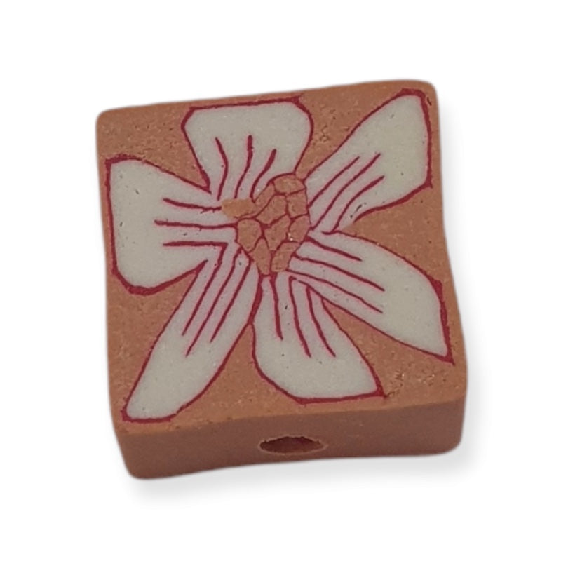 10mm Square Fimo Beads (10) - White Flower on Pink