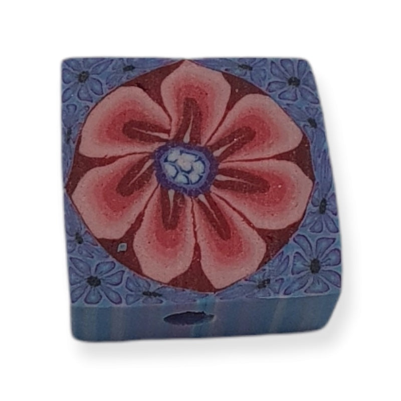 10mm Square Fimo Beads (10) - Pink/Purple Flowers