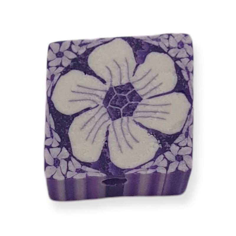 10mm Square Fimo Beads (10) - White Flowers on Purple