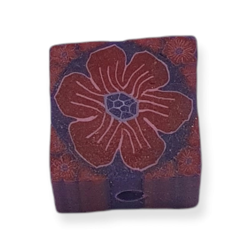 10mm Square Fimo Beads (10) - Red Flower on Purple