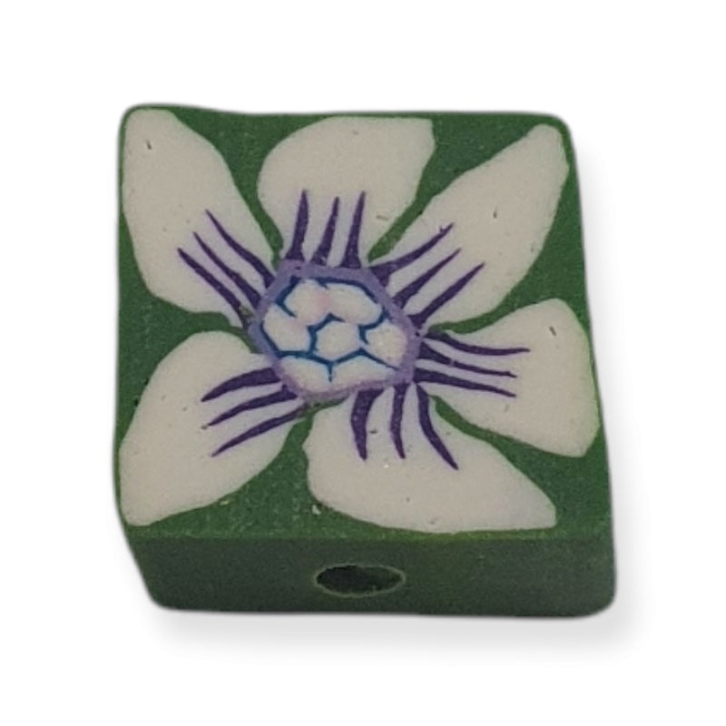 10mm Square Fimo Beads (10) - White/Purple Flower on Green
