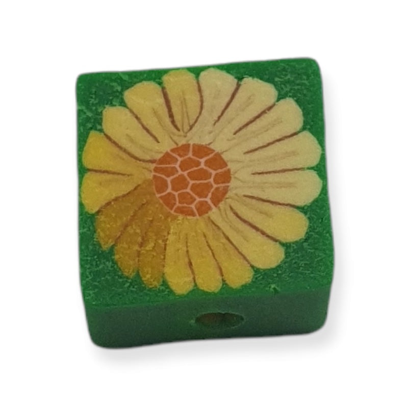10mm Square Fimo Beads (10) - Yellow Flower on Green