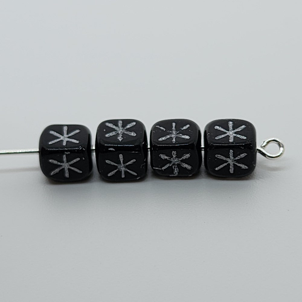 6mm Cube (25) - Black Opaque w. Silver - Vintage Czech Glass Beads