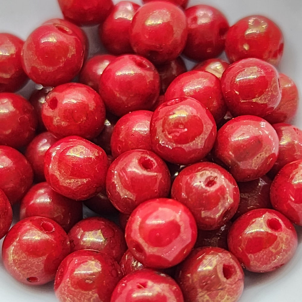 6mm Round (50) - Red w. Gold Lustre - Vintage Czech Glass Beads