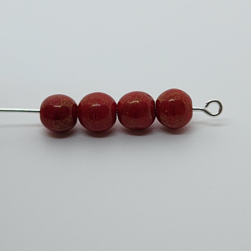 6mm Round (50) - Red w. Gold Lustre - Vintage Czech Glass Beads