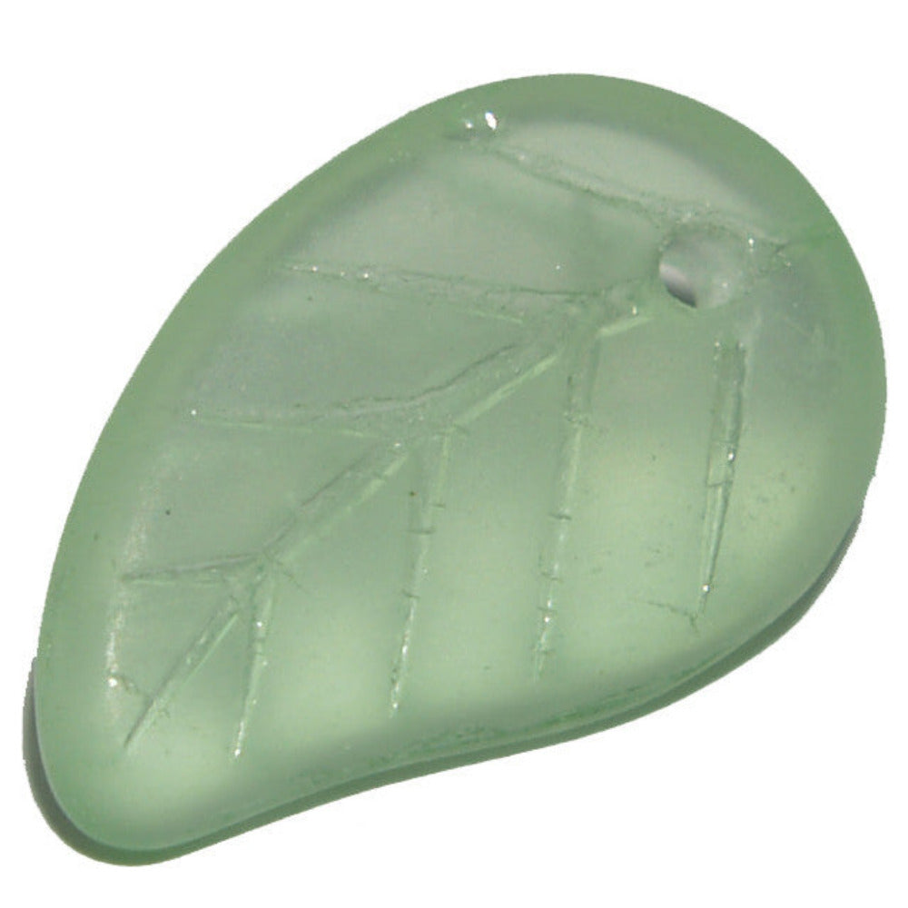 one green leaf clear bead with visible lines showing the leaf detail