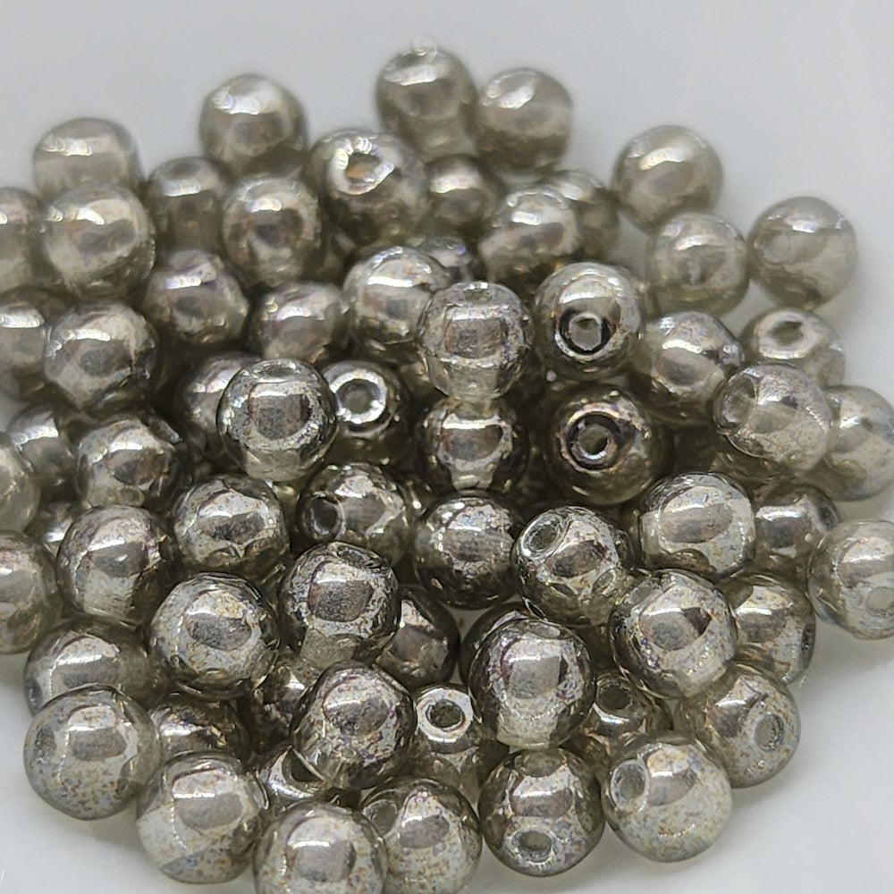 6mm Round (25) - Grey Transparent w. Silver Lustre - Vintage Czech Glass Beads