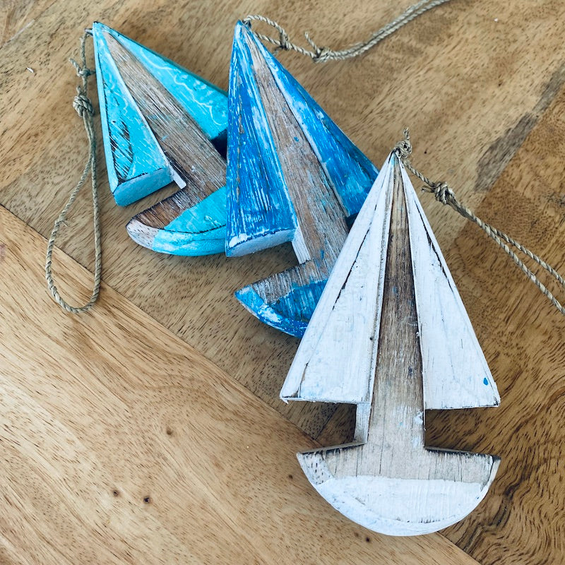 Sailing Boat (1) - Turquoise - Nautical Wood Craft Decoration