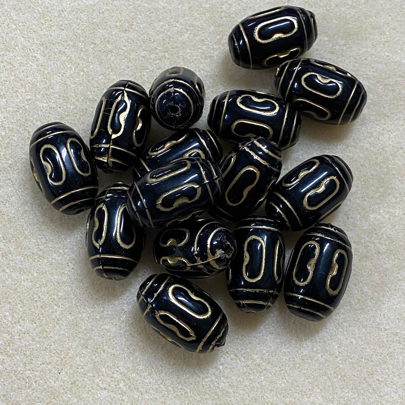 20x15mm Barrel (10) - Black/Gold - Vintage Art Deco Style Lucite Beads