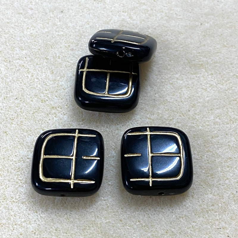 19mm Flat Square (10) - Black/Gold - Vintage Art Deco Style Lucite Beads