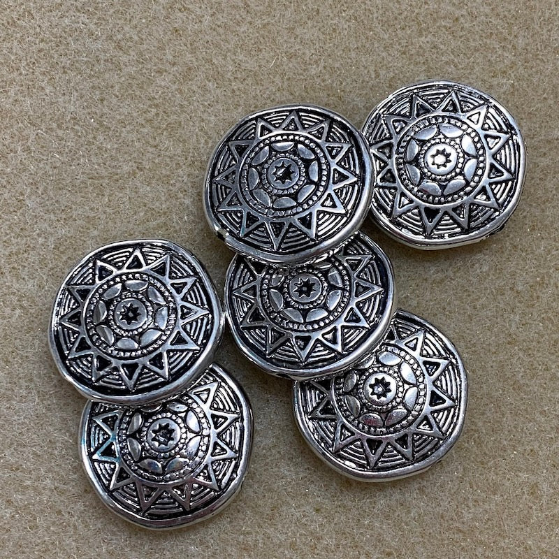 24mm Aztec Sun Symbol (5) - Silver - Vintage Metalised Beads