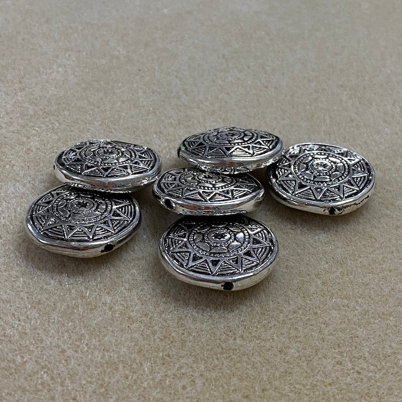 24mm Aztec Sun Symbol (5) - Silver - Vintage Metalised Beads