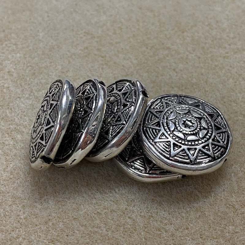24mm Aztec Sun Symbol (5) - Silver - Vintage Metalised Beads