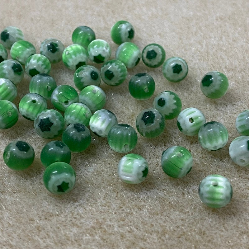 6mm Cross Drilled Round (25) - Lt Green & Dk Green- Vintage Chevron Glass Beads