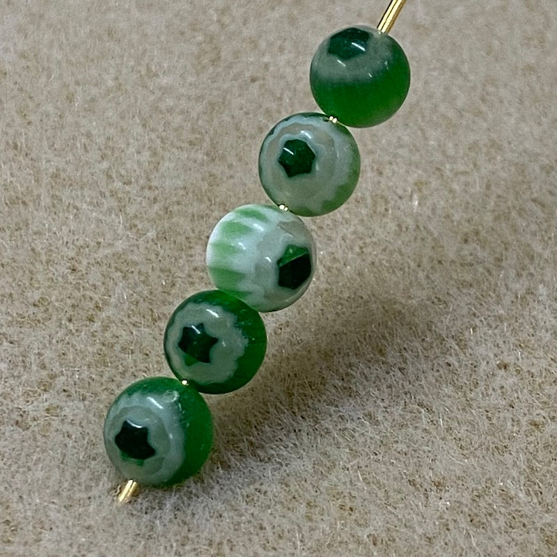 6mm Cross Drilled Round (25) - Lt Green & Dk Green- Vintage Chevron Glass Beads