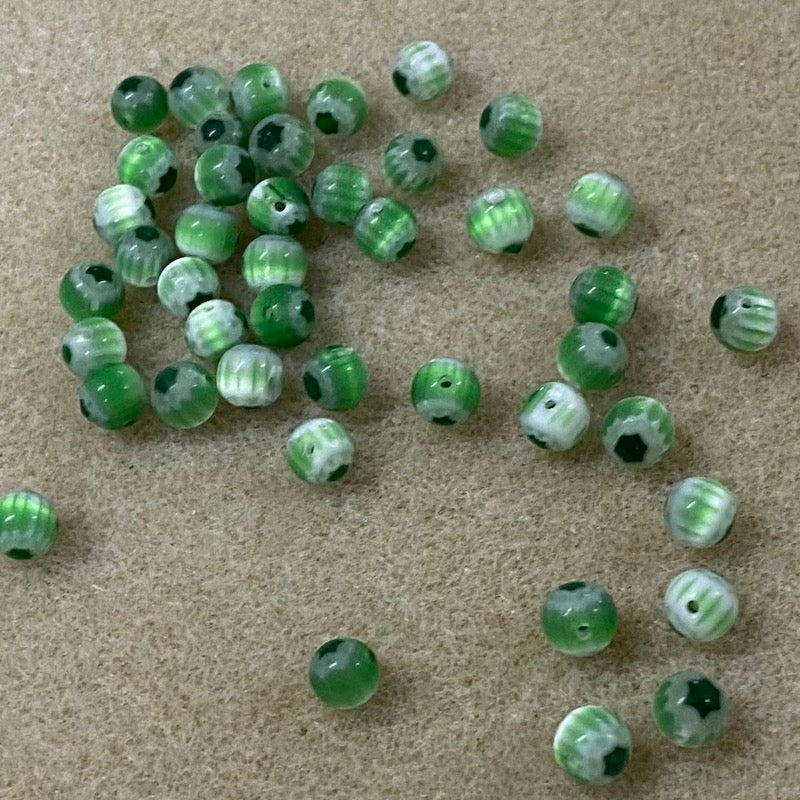 6mm Cross Drilled Round (25) - Lt Green & Dk Green- Vintage Chevron Glass Beads